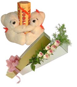 2 Teddies with dozen red roses hand tied bouquet