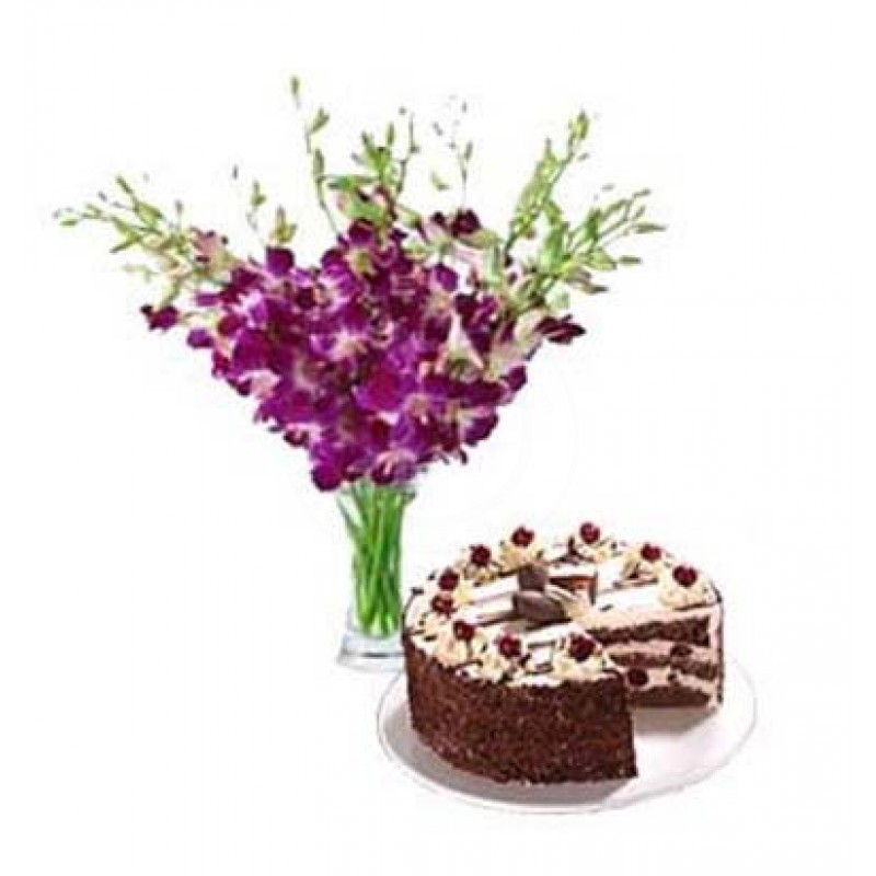 Orchids in a glass vase with 1 kg cake
